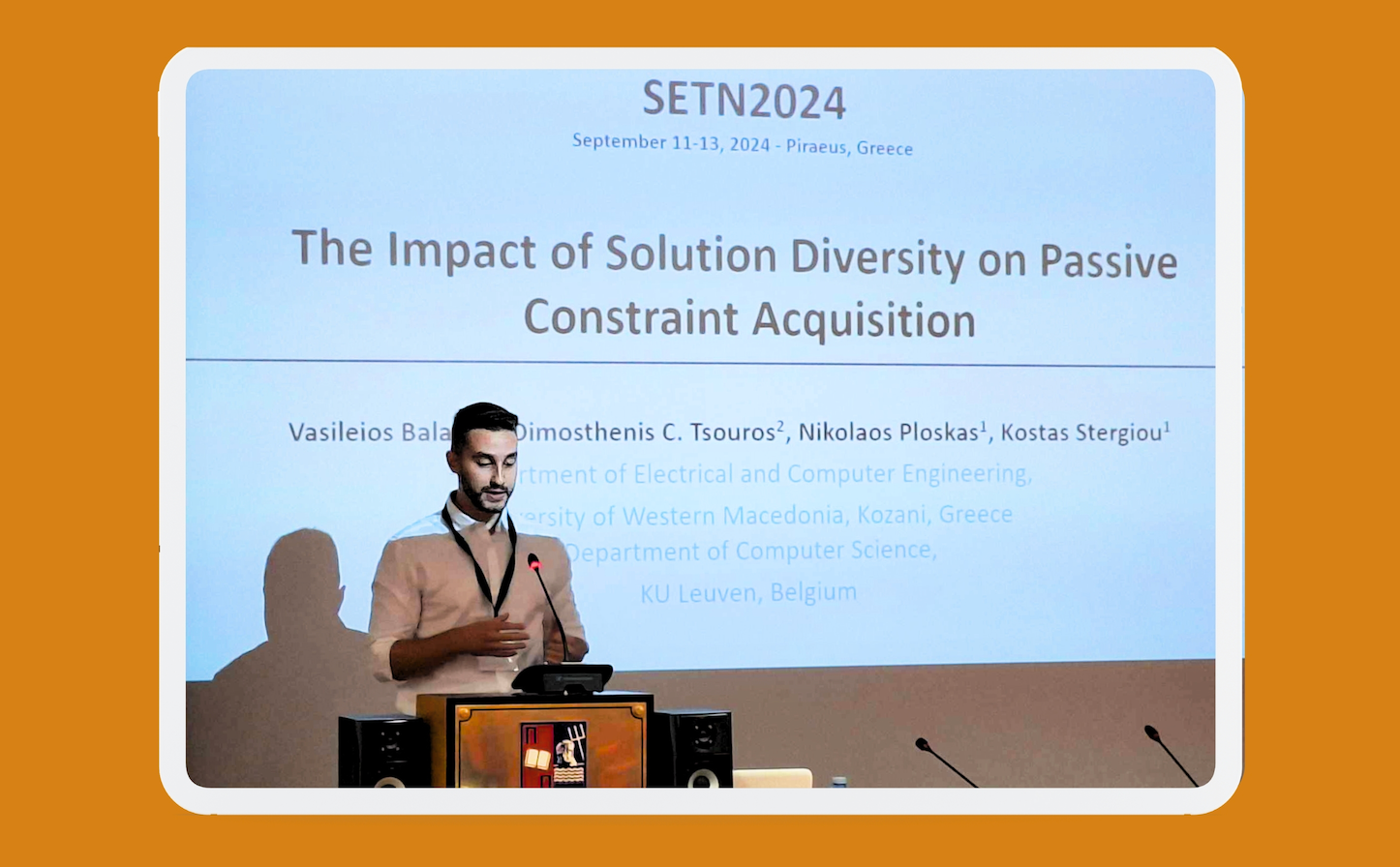 Vasileios presenting The Impact of Solution Diversity on Passive Constraint Acquisition at SETN 2024